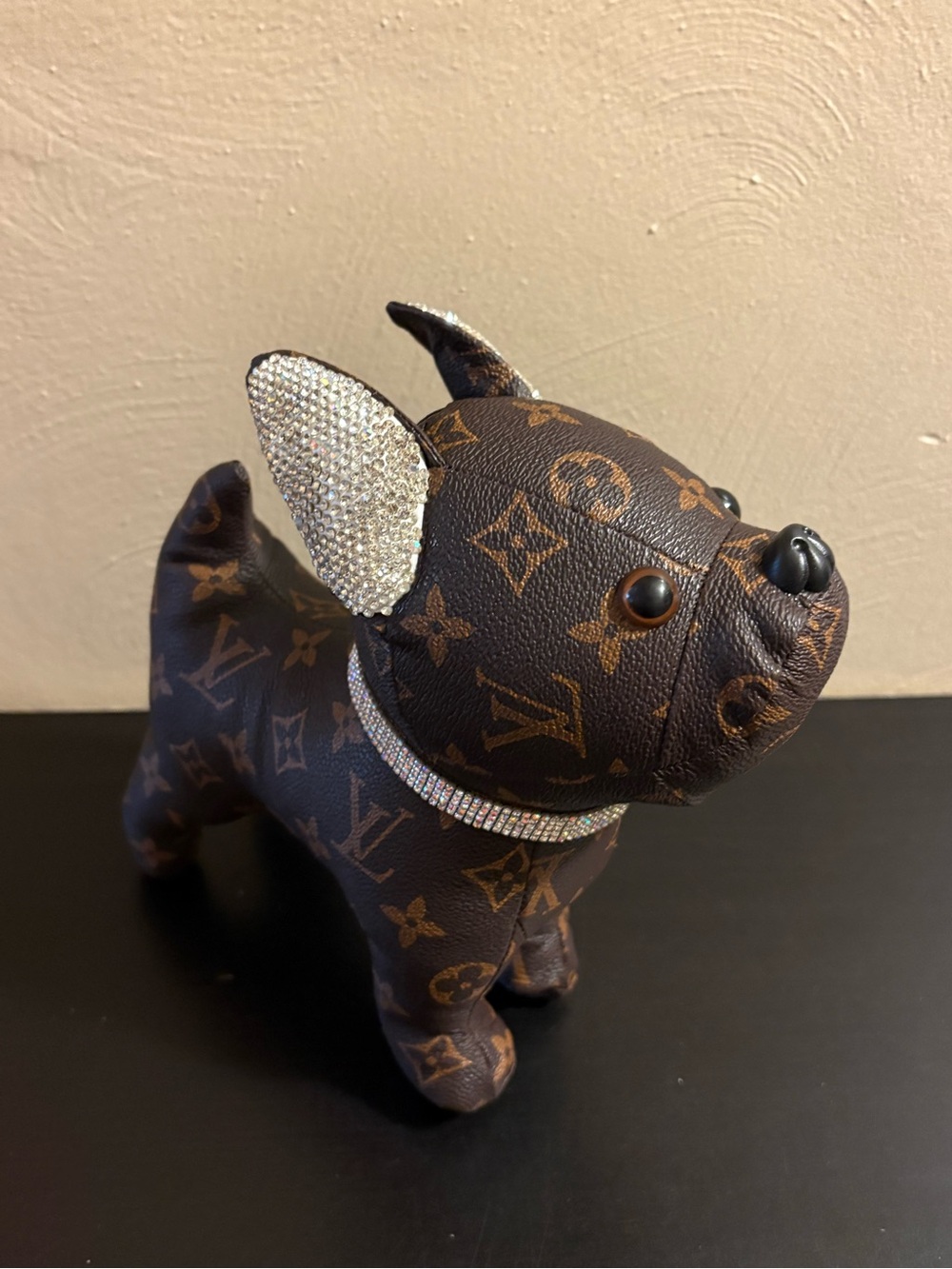 Brown Flower Decorative Dog Bulldog Figure Doll with Crystal Rhinestone Accents